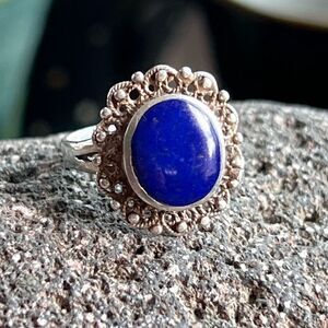 Sterling Silver Lapis Cabochon Ring Blue Stone Filigree Halo Boho Statement